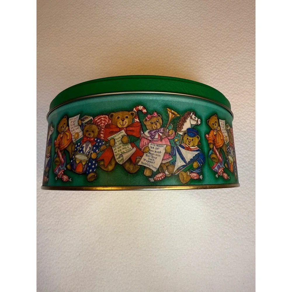 Vintage‎ Christmas Teddy Bear Cookie Tin Round Green Holiday Storage 3.5
